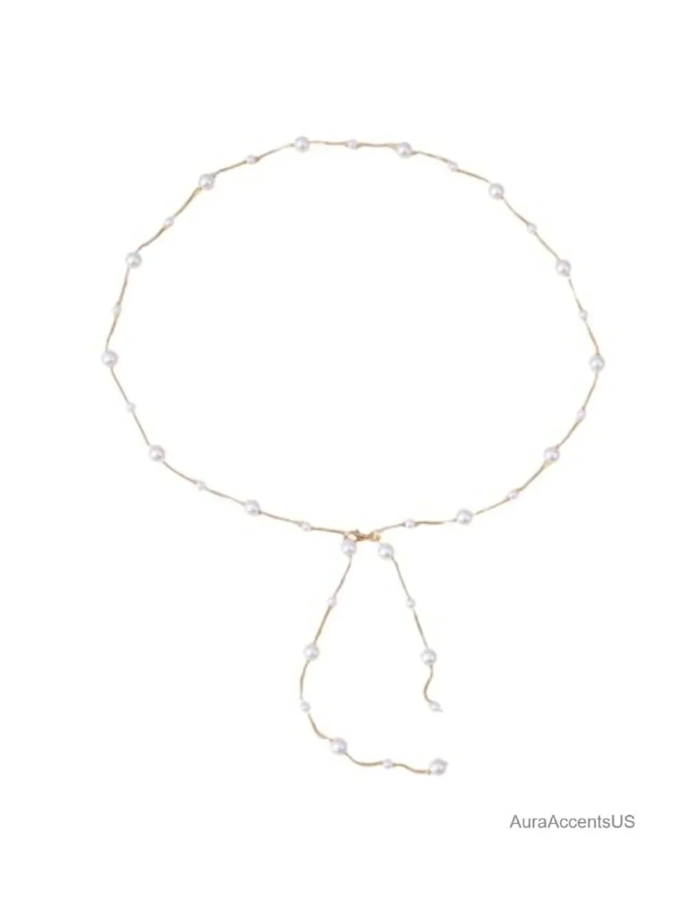 Adjustable Pearl Chain Belt for Dress, Long Tassel Gold Tone Faux Pearl Waist